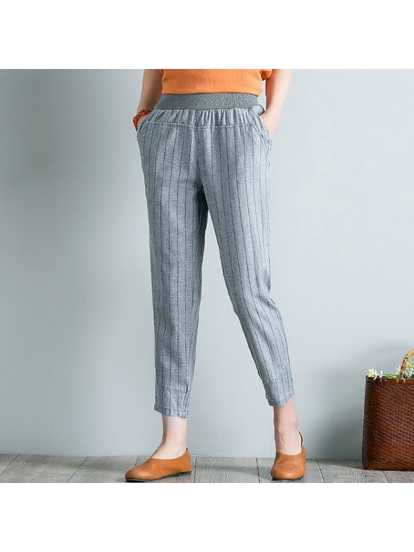 Women's Fashion Chinos Side Pockets Elastic Waist Ankle-Length Pants Casual Weekend Inelastic Stripe Comfort Mid Waist Blue White Gray L XL XXL 3XL 4XL #9033545