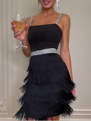 Women's Tassel Dress Short Mini Dress Black Sleeveless Pure Color Layered Tassel Fringe Spring Summer Spaghetti Strap Party Hot Prom Dress Party 2022 S M L XL #8934220