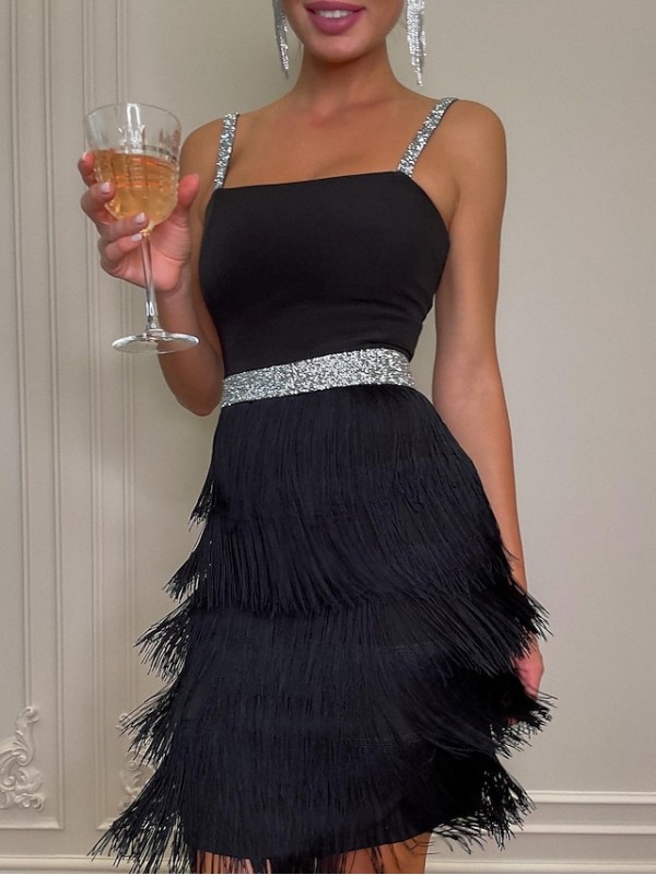 Women's Tassel Dress Short Mini Dress Black Sleeveless Pure Color Layered Tassel Fringe Spring Summer Spaghetti Strap Party Hot Prom Dress Party 2022 S M L XL #8934220