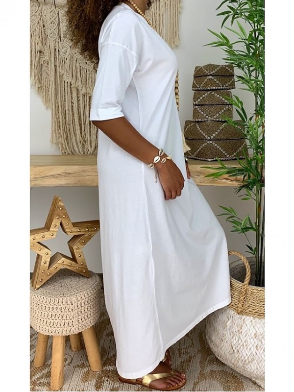 Women's A Line Dress Maxi long Dress White Gray Red Half Sleeve Solid Color Print Summer V Neck Casual Loose 2022 S M L XL XXL 3XL #8531862