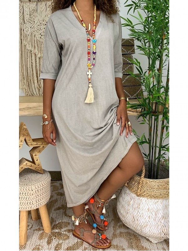 Women's A Line Dress Maxi long Dress White Gray Red Half Sleeve Solid Color Print Summer V Neck Casual Loose 2022 S M L XL XXL 3XL #8531862