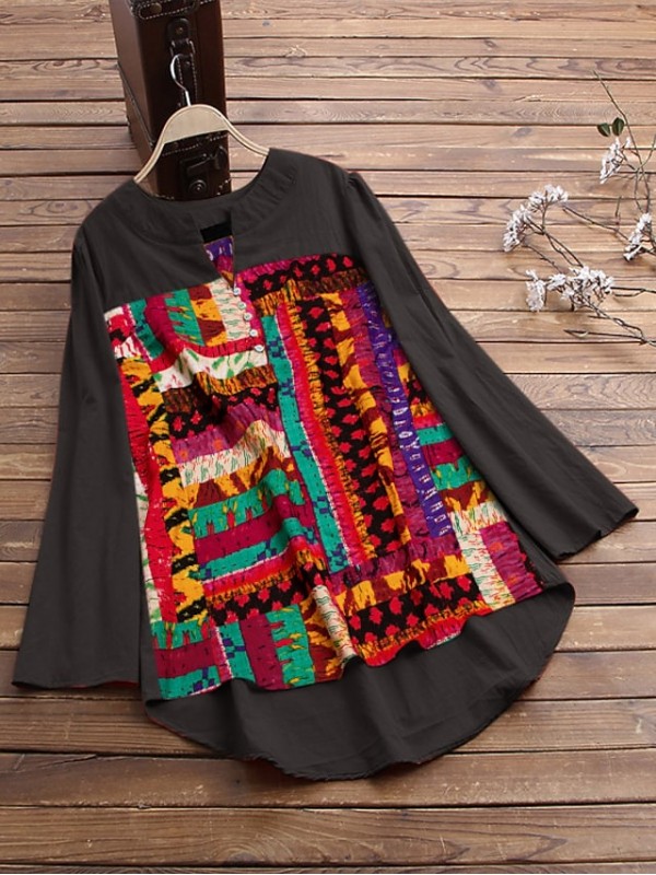 Women's Blouse Shirt Graphic Button Print V Neck Ethnic Streetwear Boho Tops Blue Black Orange #9016810