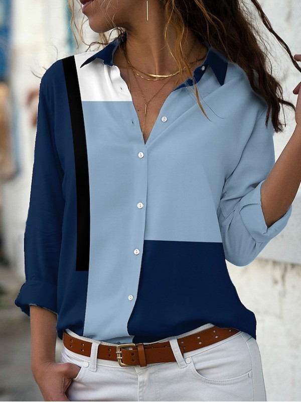 Women's Geometric Blouse Shirt Color Block Button Print Shirt Collar Casual Streetwear Tops Blue / 3D Print #8851421