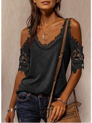 Women's T shirt Plain Lace Cold Shoulder V Neck Basic Tops Blue Black Gray #9027959