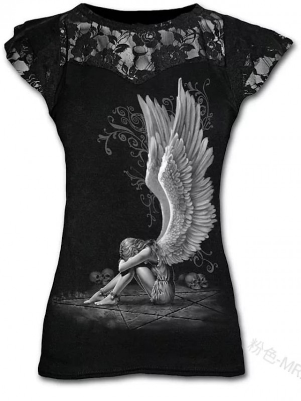 women's enslaved angel-lace layered cap sleeve top t-shirt, black (black 001), 20 (size:xl) #8445203