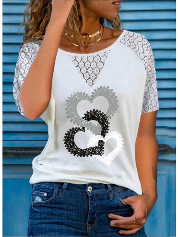 Women's T shirt Graphic Heart Lace Patchwork Print Round Neck Tops Basic Basic Top White Gray #8585863