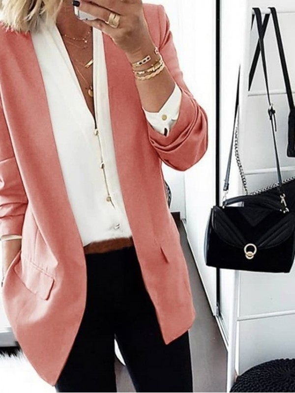 Women's Blazer Solid Color Pure Color Casual Coat Fall Spring Causal Regular Jacket Blushing Pink / Shawl Lapel #8058840