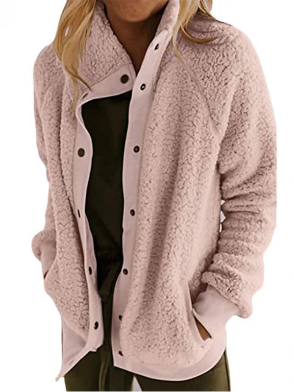 Women's Teddy Coat Causal Daily Holiday Fall Winter Spring Short Coat Loose Warm Casual Jacket Long Sleeve Solid Color Pocket Light Pink ArmyGreen caramel colour / Wool #8744415