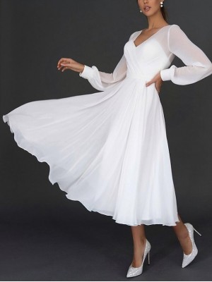 Women's Swing Dress Maxi long Dress White Long Sleeve Pure Color Mesh Fall Spring V Neck Elegant Romantic Prom Dress Party 2022 S M L XL XXL #8730311