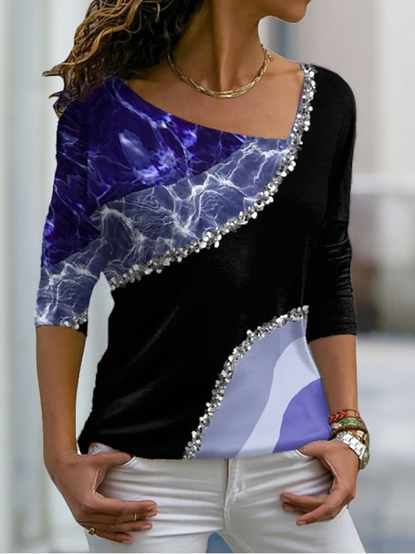 Women's Abstract Painting T shirt Graphic Color Block Print V Neck Basic Tops Green Blue Purple / 3D Print #8966658