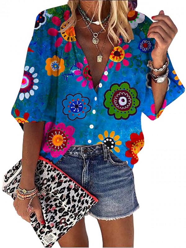 Women's Blouse Shirt Floral Graphic Zipper Print V Neck Basic Streetwear Tops Blue #8687847