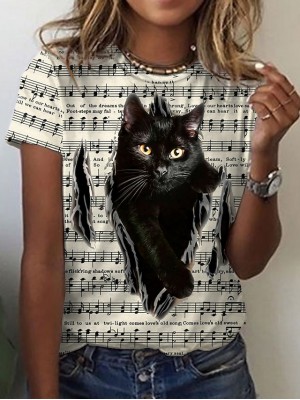 Women's 3D Cat Painting T shirt Cat 3D Animal Print Round Neck Basic Vintage Tops Regular Fit Yellow / 3D Print #8759074