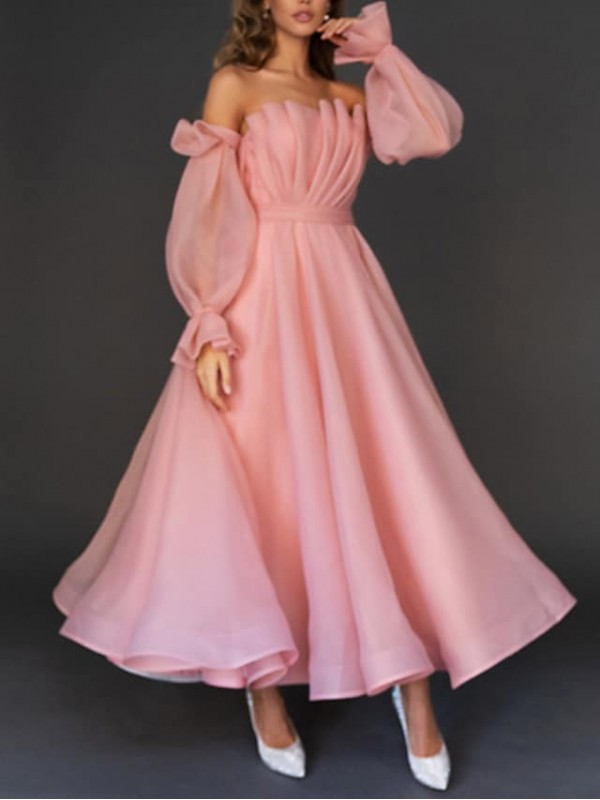 Women's Swing Dress Maxi long Dress Pink Long Sleeve Solid Color Pure Color Ruched Ruffle Mesh Fall Winter Off Shoulder Elegant Romantic Prom Dress Party Flare Cuff Sleeve Slim 2022 S M L XL #8800748