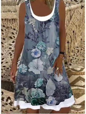 Women's Shift Dress Knee Length Dress Khaki Light Blue Sleeveless Floral Print Fake two piece Spring Summer U Neck Casual Classic 2022 S M L XL XXL 3XL #8971176