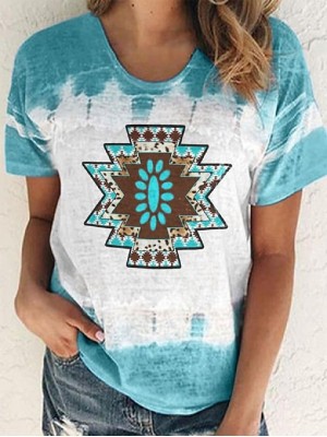 Women's Hawaii Geometric T shirt Tribal Patchwork Print Round Neck Ethnic Vintage Tops Light Blue / 3D Print #9007263