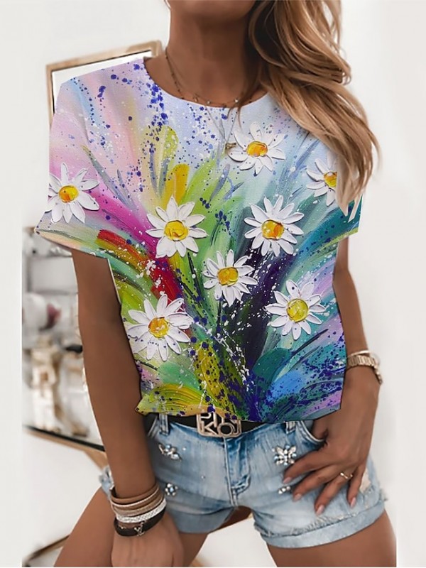 Women's Floral Theme T shirt Floral Graphic Print Round Neck Tops Basic Basic Top White Blue Red #8571953