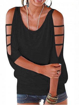 Women's T shirt Plain Cut Out Cold Shoulder Round Neck Basic Tops White Black Wine #9028133