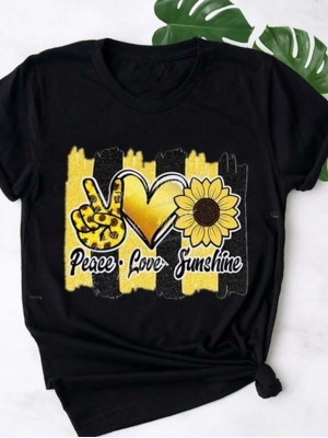 Women's Floral Theme Painting Couple T shirt Heart Sunflower Peace & Love Print Round Neck Basic Tops White Black Gray #9016951