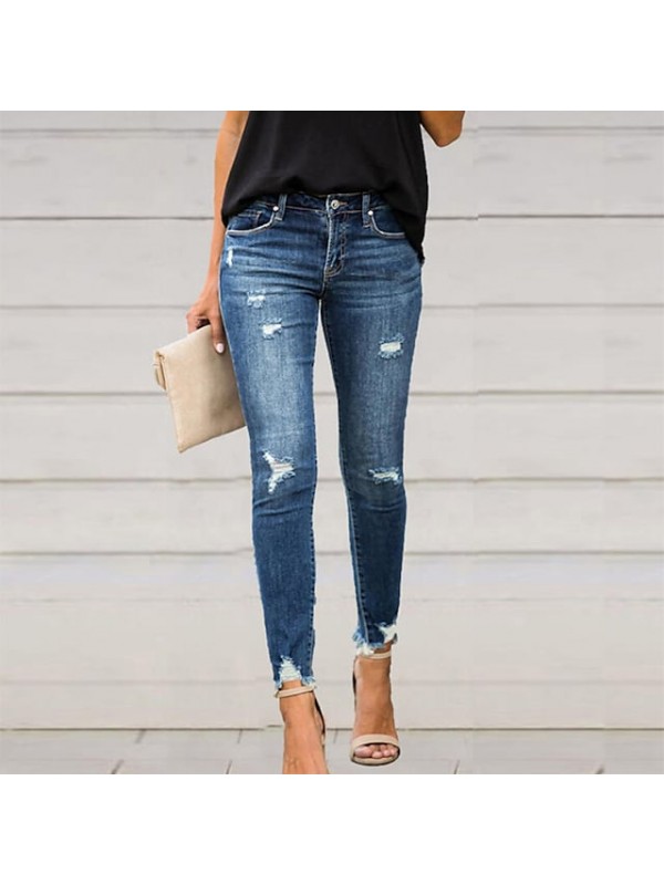 Women's Fashion Skinny Jeans Side Pockets Cut Out Ankle-Length Pants Casual Weekend Micro-elastic Plain Comfort Mid Waist Light Blue S M L XL XXL #9024652