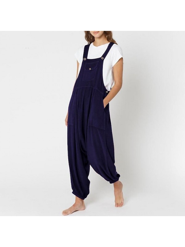 Women's Fashion Streetwear Jumpsuit Rompers Pocket Ankle-Length Pants Casual Weekend Inelastic Plain Cotton Blend Comfort Mid Waist Loose Wine Dark Blue S M L XL XXL #8878591