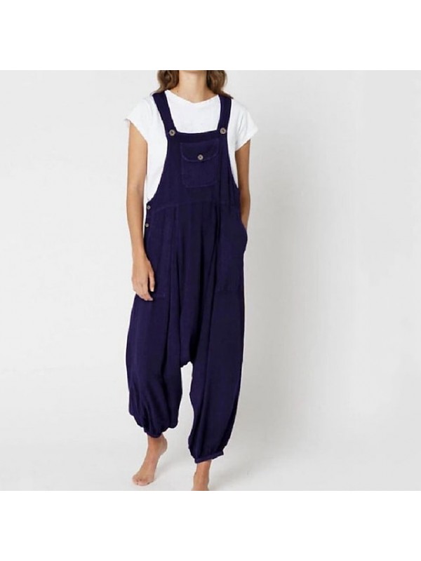 Women's Fashion Streetwear Jumpsuit Rompers Pocket Ankle-Length Pants Casual Weekend Inelastic Plain Cotton Blend Comfort Mid Waist Loose Wine Dark Blue S M L XL XXL #8878591