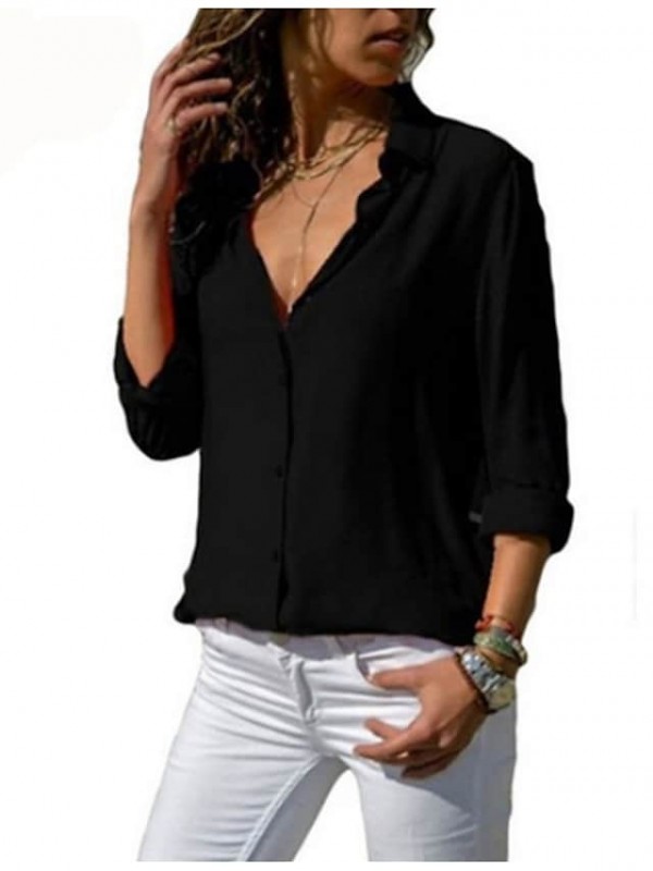 Women's Blouse Shirt Solid Colored Shirt Collar Basic Tops Blue Black Gray #7308390