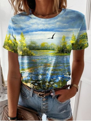 Women's 3D Printed Painting T shirt Scenery 3D Print Round Neck Basic Tops Blue #9026892