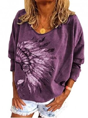 womens vintage native american indian shirt feather headdress print loose fit long sleeve oversize tee tops purple #8362995