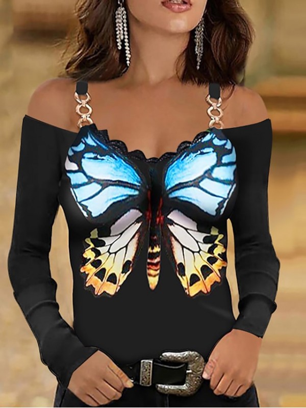 Women's Butterfly Blouse Shirt Floral Striped Butterfly Cut Out Lace Trims Print V Neck Casual Streetwear Tops Blue Purple Wine #8824438