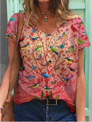 Women's T shirt Graphic Bird Animal Print V Neck Tops Basic Basic Top Blue Blushing Pink Army Green #8532449