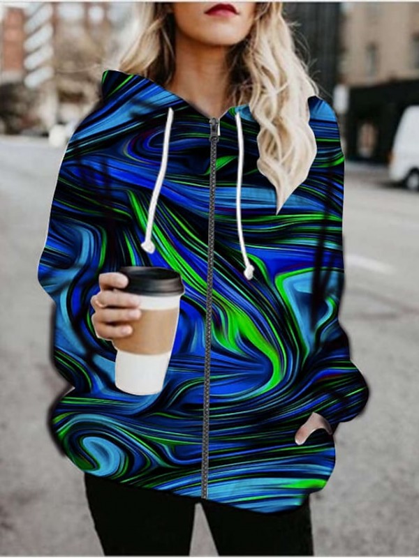 Women's Hoodied Jacket Sports Fall & Winter Regular Coat Loose Chic & Modern Jacket Long Sleeve Print Print Blue Green #8468169