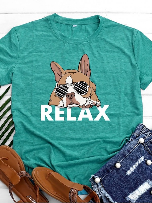 Women's T shirt Dog Graphic Letter Print Round Neck Basic Vintage Tops Green Blue Black #8949522