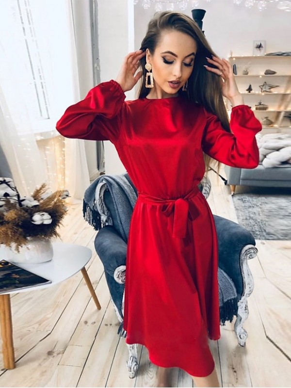 Women's Swing Dress Midi Dress Green khaki Red Long Sleeve Pure Color Lace up Fall Spring Crew Neck Party Elegant Vintage Party Lantern Sleeve 2022 S M L XL XXL #8659683