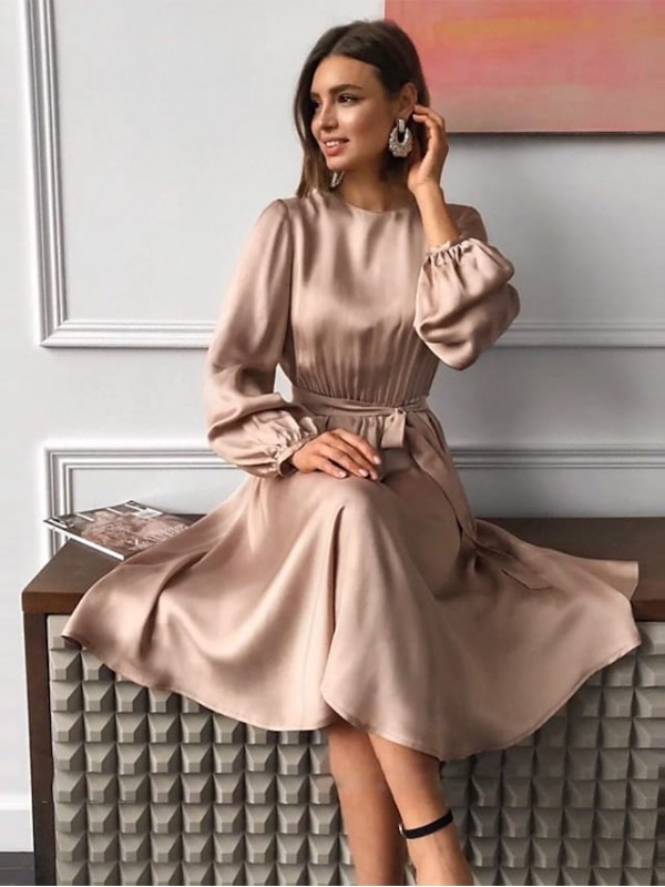 Women's Swing Dress Midi Dress Green khaki Red Long Sleeve Pure Color Lace up Fall Spring Crew Neck Party Elegant Vintage Party Lantern Sleeve 2022 S M L XL XXL #8659683