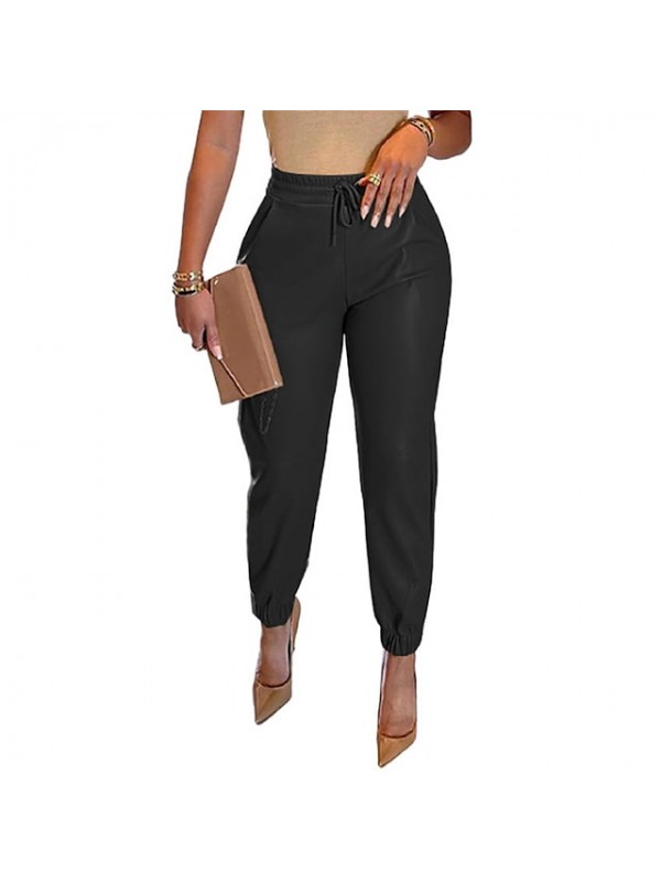 Women's Casual Active Tapered pants Drawstring Full Length Pants Casual Micro-elastic Solid Color PU Outdoor Sports Mid Waist Loose Blue Black Khaki Red S M L XL XXL #8979026