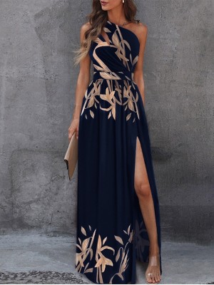 Women's Swing Dress Maxi long Dress Navy Blue Sleeveless Floral Split Print Spring Summer cold shoulder Elegant Casual Sexy Party 2022 S M L XL / Party Dress #8831406