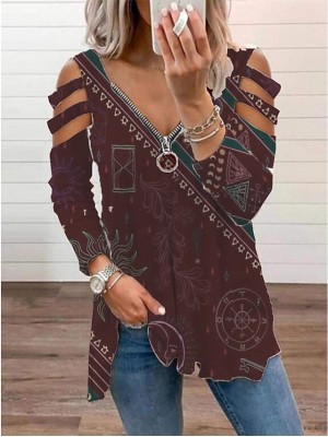 Women's Blouse Shirt Graphic Cut Out Quarter Zip Print V Neck Casual Streetwear Tops Wine #8816883