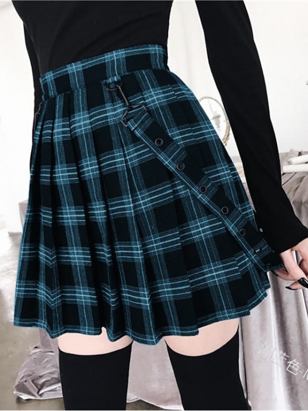 Women's Chic & Modern Punk Lolita Overalls Capris Skirts Halloween Party / Evening Square Plaid / Check Tartan Modern Style High Waist Lake blue Wine Black S M L #8389422