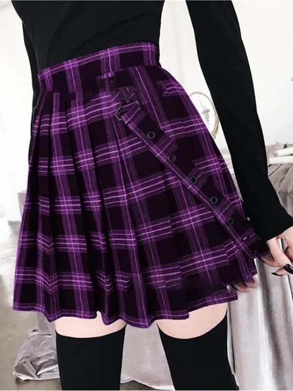 Women's Chic & Modern Punk Lolita Overalls Capris Skirts Halloween Party / Evening Square Plaid / Check Tartan Modern Style High Waist Lake blue Wine Black S M L #8389422