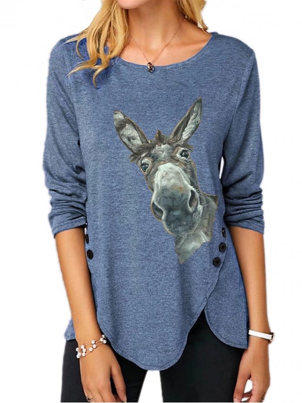 Women's Painting T shirt Donkey Animal Long Sleeve Button Print Round Neck Basic Tops Regular Fit Blue Purple Khaki #8840498