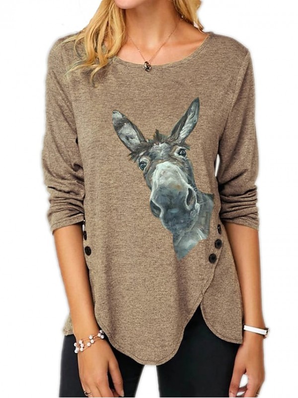 Women's Painting T shirt Donkey Animal Long Sleeve Button Print Round Neck Basic Tops Regular Fit Blue Purple Khaki #8840498