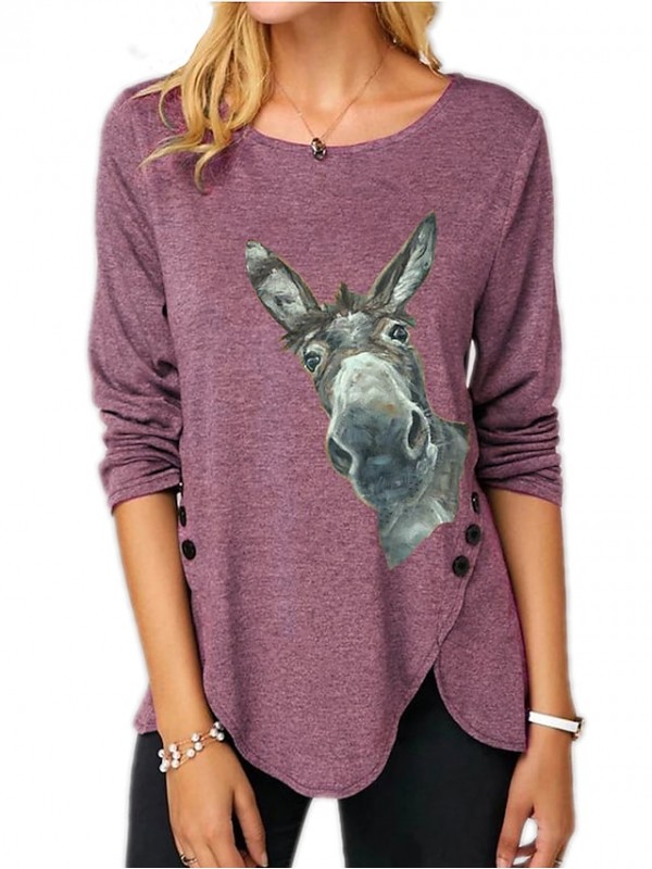 Women's Painting T shirt Donkey Animal Long Sleeve Button Print Round Neck Basic Tops Regular Fit Blue Purple Khaki #8840498