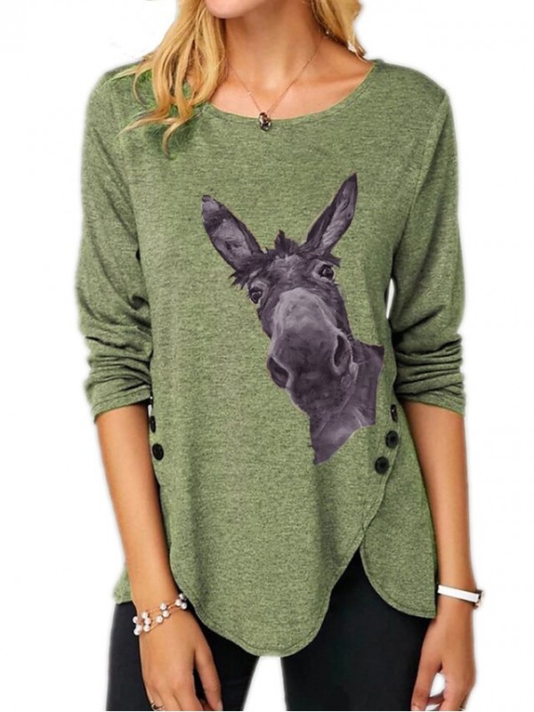 Women's Painting T shirt Donkey Animal Long Sleeve Button Print Round Neck Basic Tops Regular Fit Blue Purple Khaki #8840498