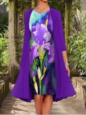 Women's Shift Dress Knee Length Dress Blue Purple Lavender Dark Gray Navy Blue Long Sleeve Multi Color Flower Layered Print Spring Summer Round Neck Elegant Ethnic Casual 2022 M L XL XXL XXXL 4XL 5XL #8783399