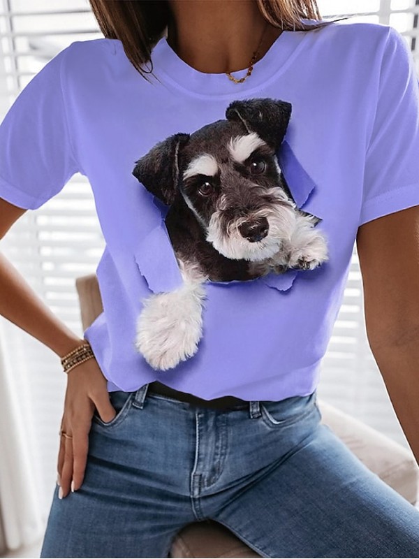 Women's 3D Printed Painting T shirt Dog 3D Print Round Neck Basic Tops Blue White Purple #9026952