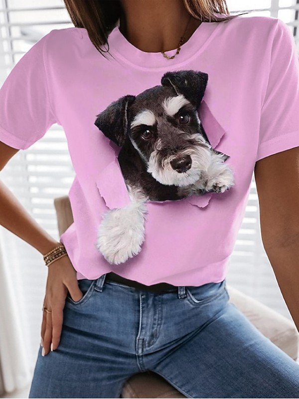 Women's 3D Printed Painting T shirt Dog 3D Print Round Neck Basic Tops Blue White Purple #9026952