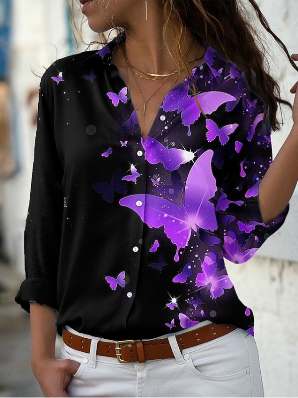 Women's Butterfly Blouse Shirt Butterfly Button Print Shirt Collar Basic Vintage Streetwear Tops Green Purple Pink / 3D Print #8932065