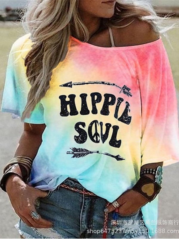 womens hippie soul graphic tees summer off the shoulder boho tunic t shirts half sleeve loose tops and shirts (blue, xx-large) #8368773