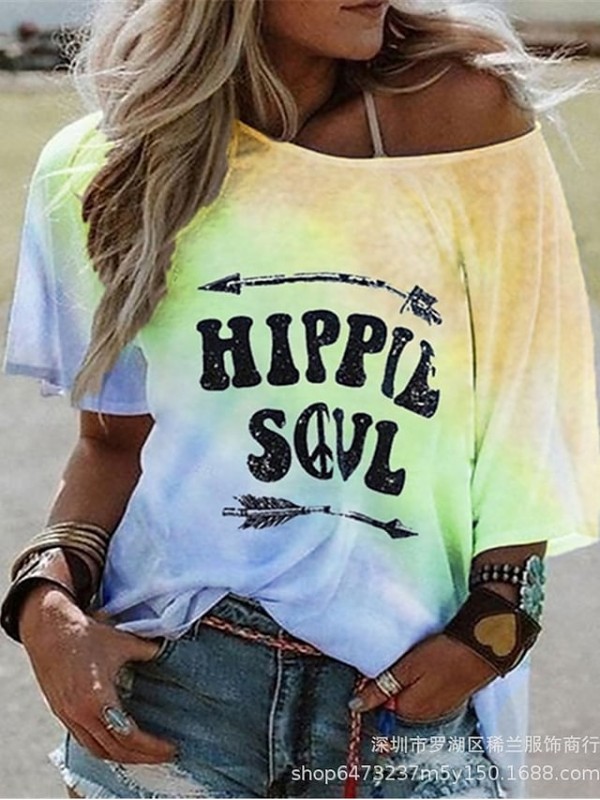 womens hippie soul graphic tees summer off the shoulder boho tunic t shirts half sleeve loose tops and shirts (blue, xx-large) #8368773