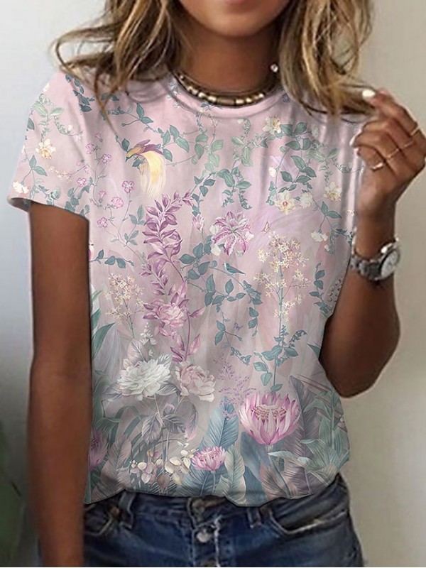 Women's Floral Theme Abstract Painting T shirt Floral Graphic Print Round Neck Basic Tops Blue Blushing Pink Black #8682712